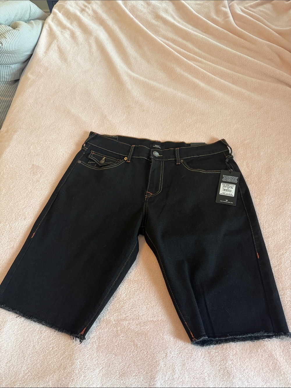 True Religion Black Denim Short with Frayed Hem